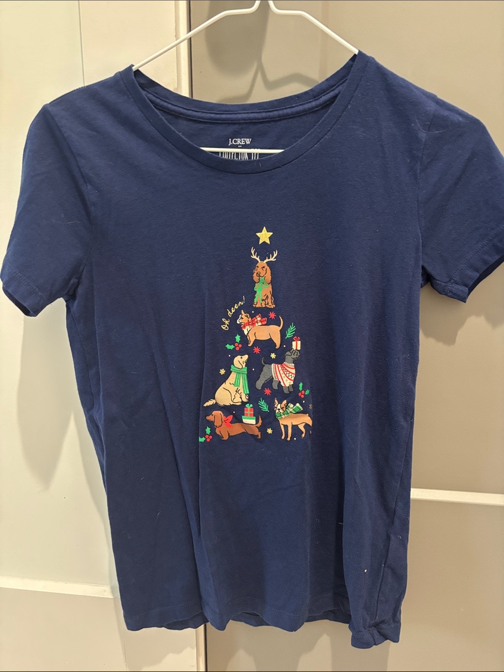 J. Crew Navy Blue Short Sleeve Tee with Holiday Dog Tree Graphic